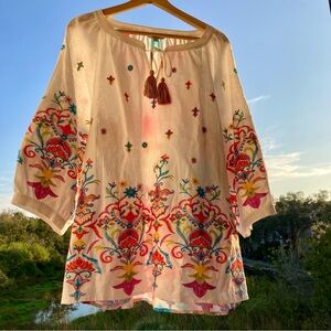 NWT BLOUSE John Mark Multicolor Embroidered Top /Tunic with Tassel Size: M